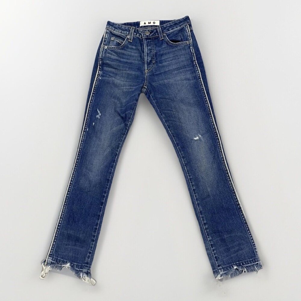 AMO Babe Dark Blue Wash High Rise Cropped Denim Jeans Raw Hem Women's Size 25